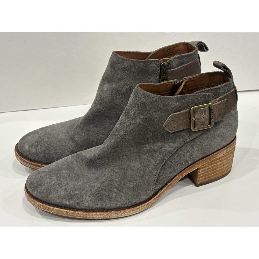 Kork-Ease Women's 7.5 Gray Suede Leather Ankle Boots Buckle Block Heel Zip
